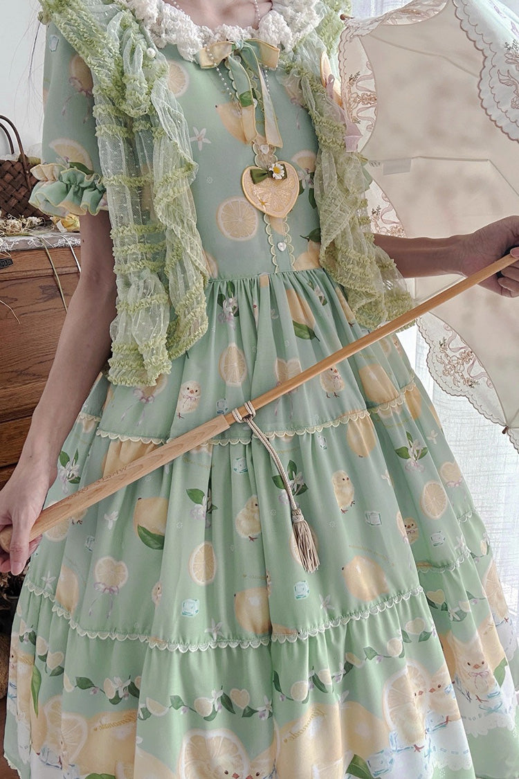Green [Lemon Chicken] Short Sleeves Print Ruffle Bowknot Lace Daily Sweet Lolita Dress