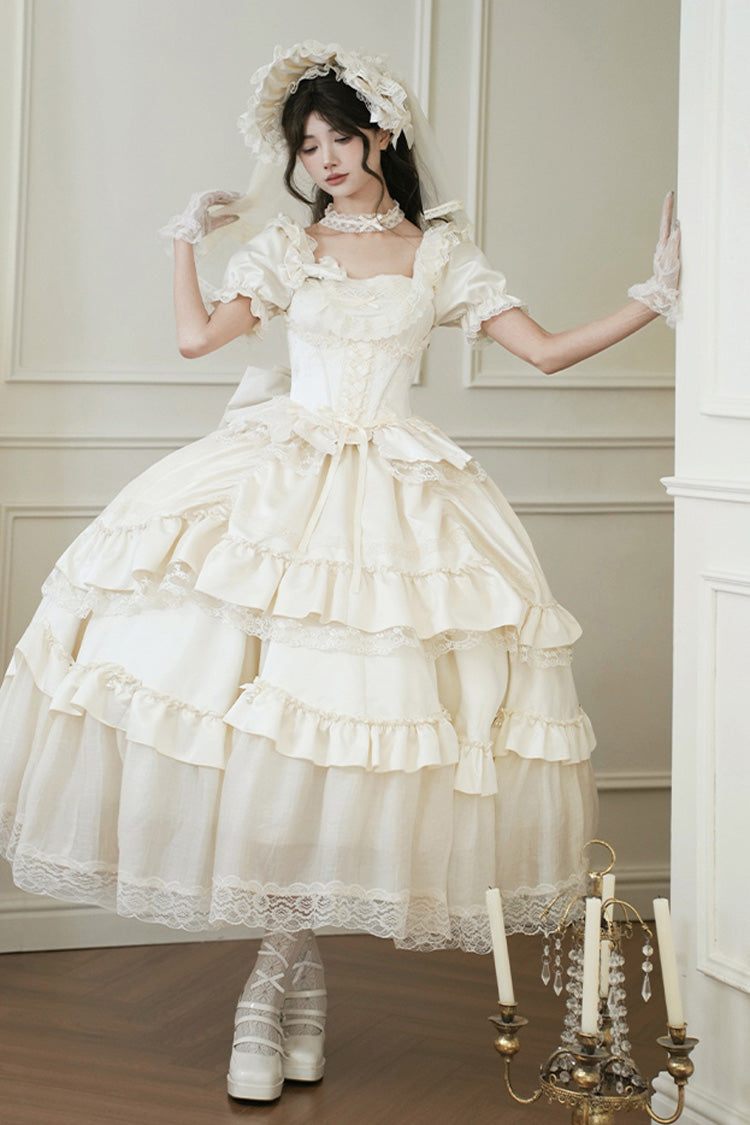 White [Letters and Poems] Square Collar Short Sleeves Ruffle Hanayome Bowknot Sweet Elegant Gorgeous Lolita Dress