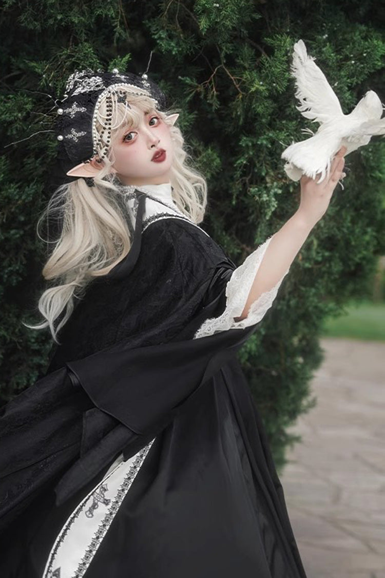 Black [Cross Nun] Stand Collar Off Shoulder Print Bowknot Gothic Elegant Lolita Dress