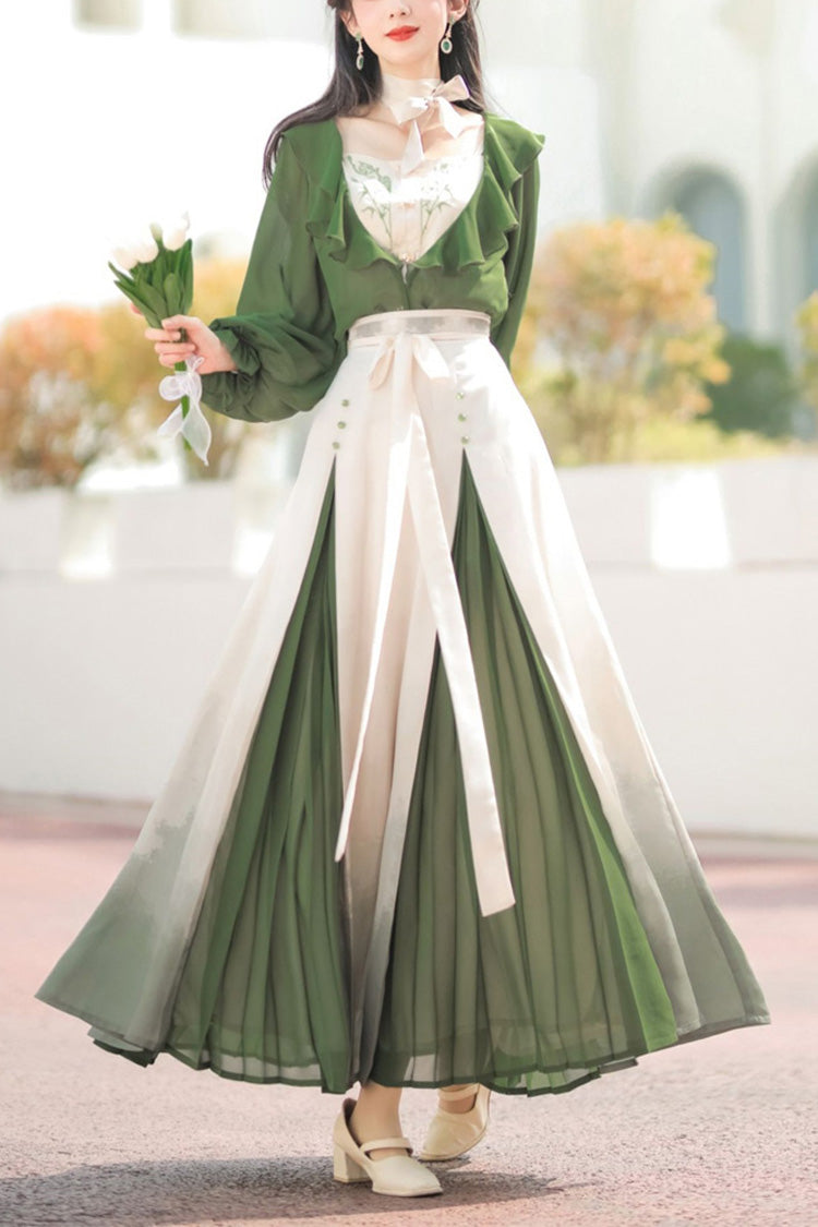 グリーン/ホワイトダンスハイウエスト中国風漢服ドレスセット