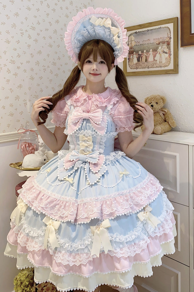 Robe Jsk Sweet Lolita en dentelle avec nœud à volants multicouches sans manches bleu/rose [gâteau fondant] 
