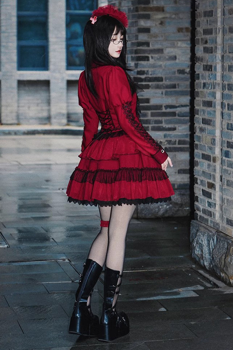 Red Gothic Punk Long Sleeves Removable Corsage Lolita Skirt Set