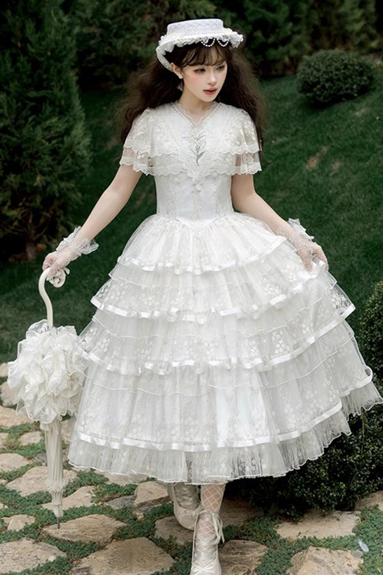 White [Morning Dew Lily] Short Sleeves Multi-Layered Ruffle Embroidery Sweet Elegant Lolita Dress
