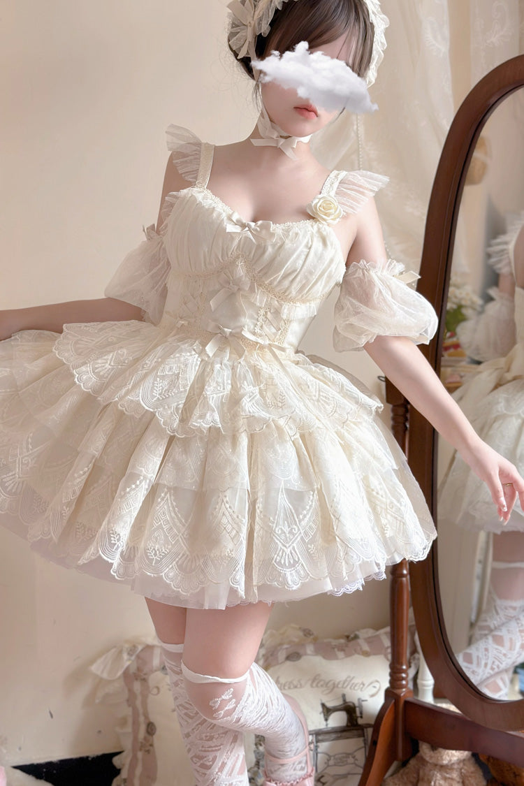 Ivory [Tidal] Triple-Layered Ruffle Bowknot Sweet Lolita Skirt 2 Versions