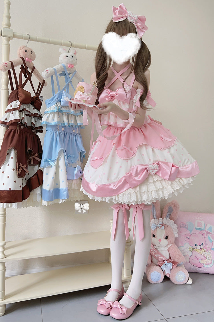 Pink Cream Multi-Layered Polka Dots Print Ruffle Bowknot Sweet Lolita Jsk Dress