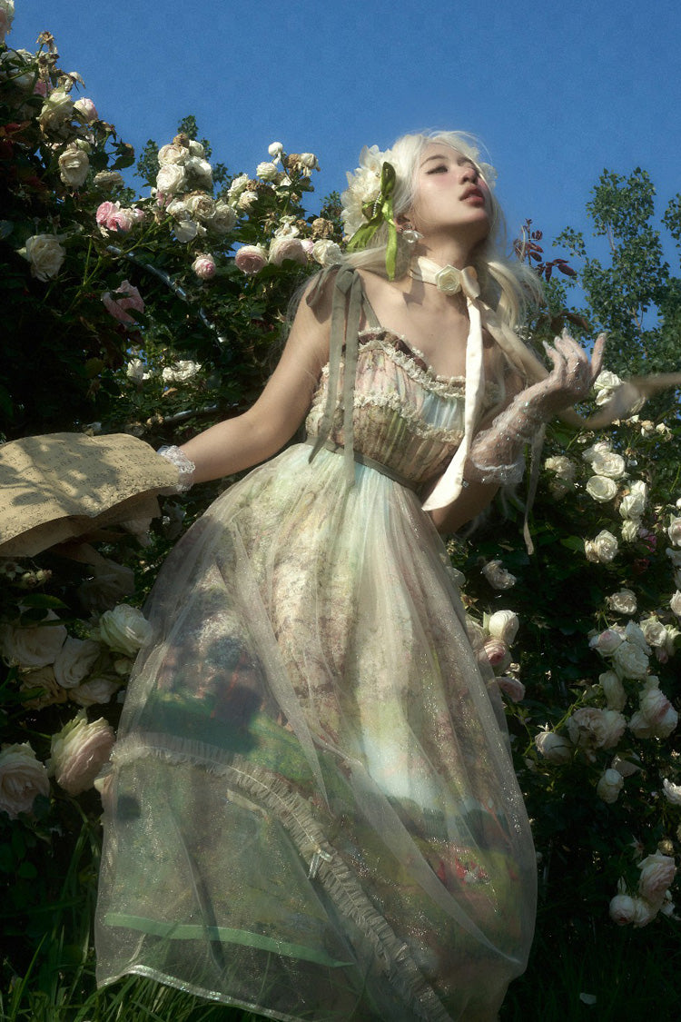 Green [Oil Painting – Spring] Sleeveless Print Ruffle Bowknot Lace Sweet Lolita Jsk Dress