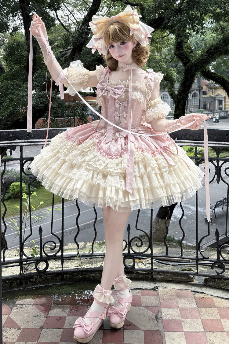 Pink [Cherry Blossom Dream] Square Neck Sleeveless High Waisted Bow Lace-Up Ruffled Layered Tulle Sweet Balletcore Lolita JSK Dress