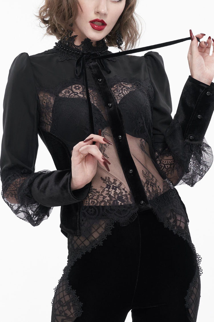 Schwarzes langärmliges Gothic-Hemd für Damen mit hohem Kragen, durchscheinender Spitze und Patchwork-Schleifendekoration