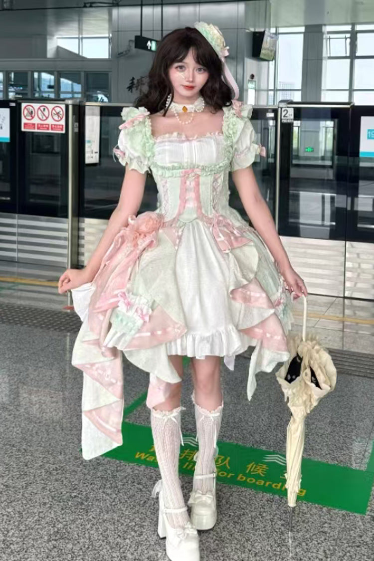 [Spring Overture] Square Collar Short Sleeves Ruffle Cardigan Bowknot Lace Sweet Elegant Lolita Skirt Set 4 Colors