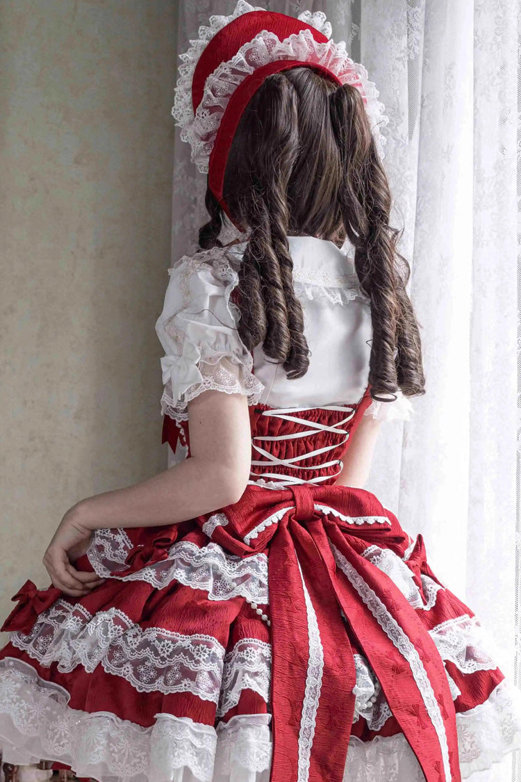Robe Jsk Lolita douce sans manches à plusieurs couches avec nœud en dentelle et volants [Petits Gâteaux] rouge 