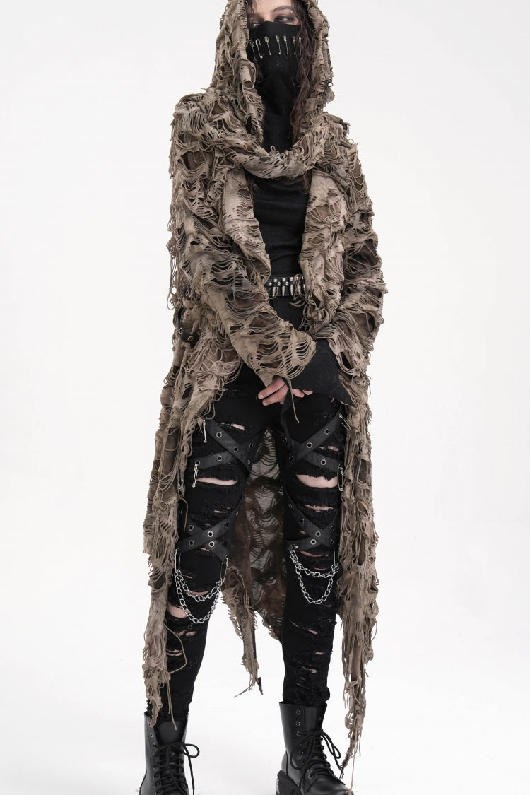 Brauner Punk-Umhang mit Kapuze und langen Ärmeln für Damen mit Ösen und Reißverschluss