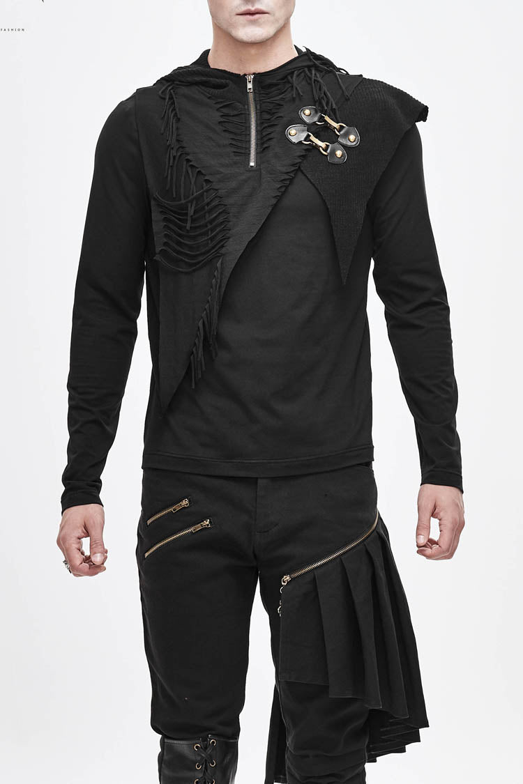 Black Long Sleeves Asymmetric Tatters Strip Leather Metal Loop Hooded Men's Punk T-Shirt