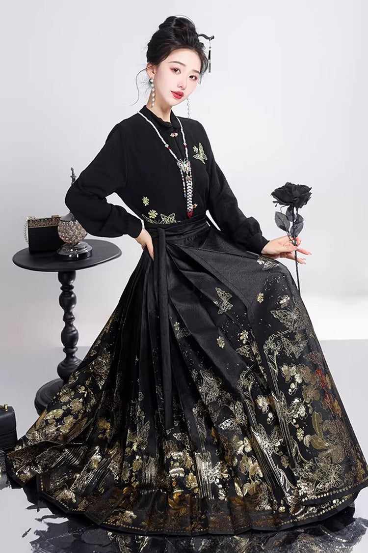 黒長袖ハイウエストプリントフリル箔押しゴシック漢服馬顔スカートセット