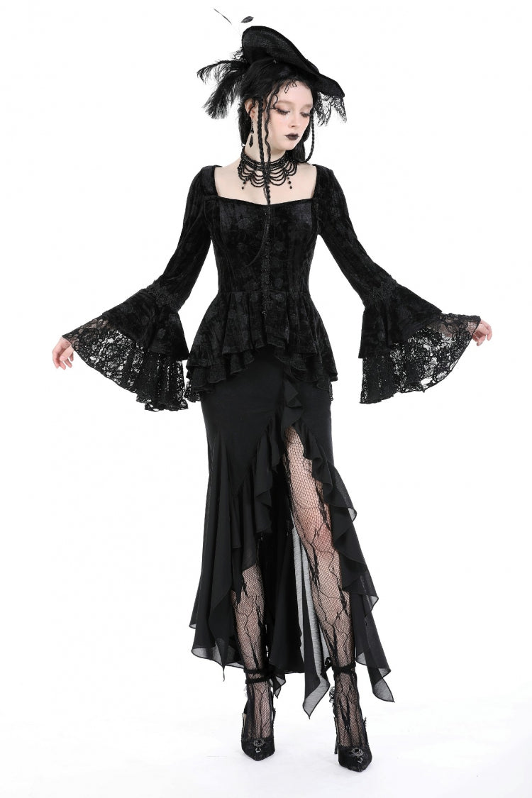 Black Women's Gothic Side Slit Ruffled Slim Fit Fishtail Skirt