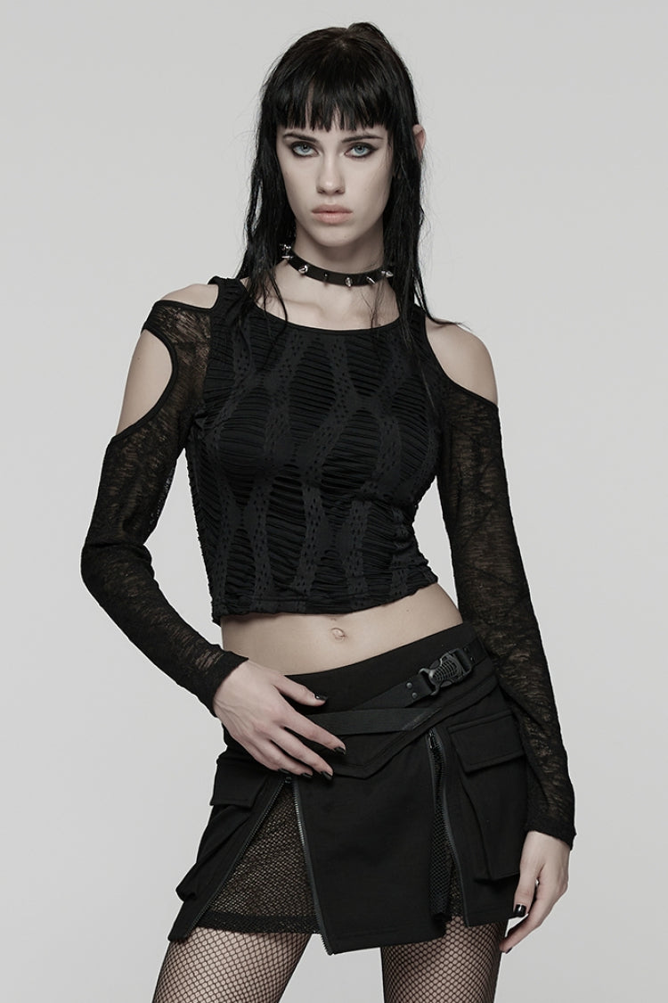 ブラック オフショルダー 長袖 スプライス メッシュ プリーツ レディース パンク トップ