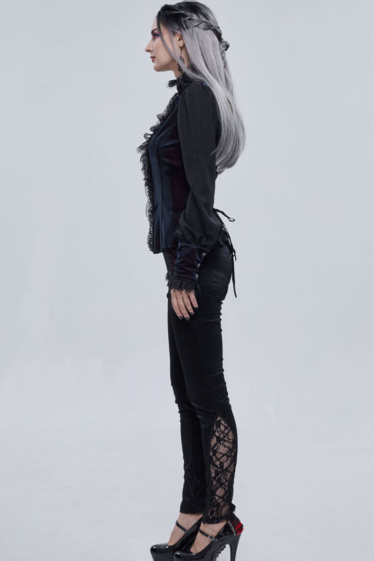 Black Gothic Turtleneck Three-Dimensional Lace Lantern Sleeves Stitched Velvet Lace-Up Long Sleeves Women's Shirt