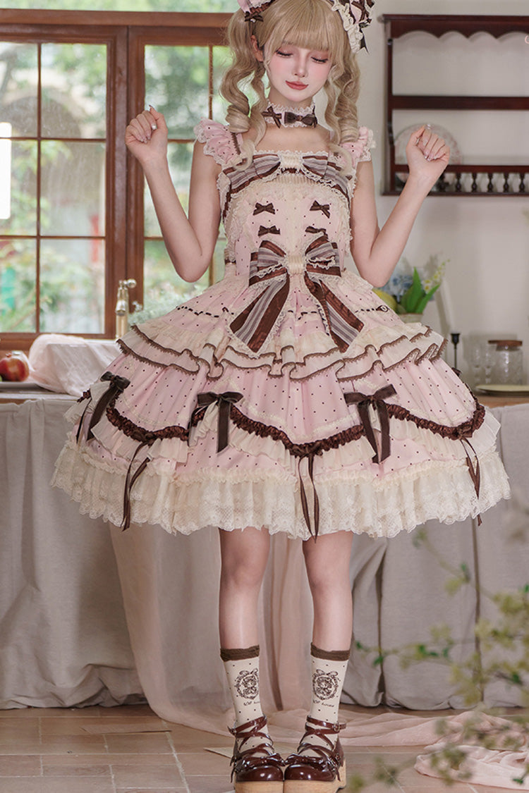 Pink [Shengqiao Tata] Sleeveless Print Ruffle Bowknot Lace-Up Sweet Elegant Lolita Jsk Dress