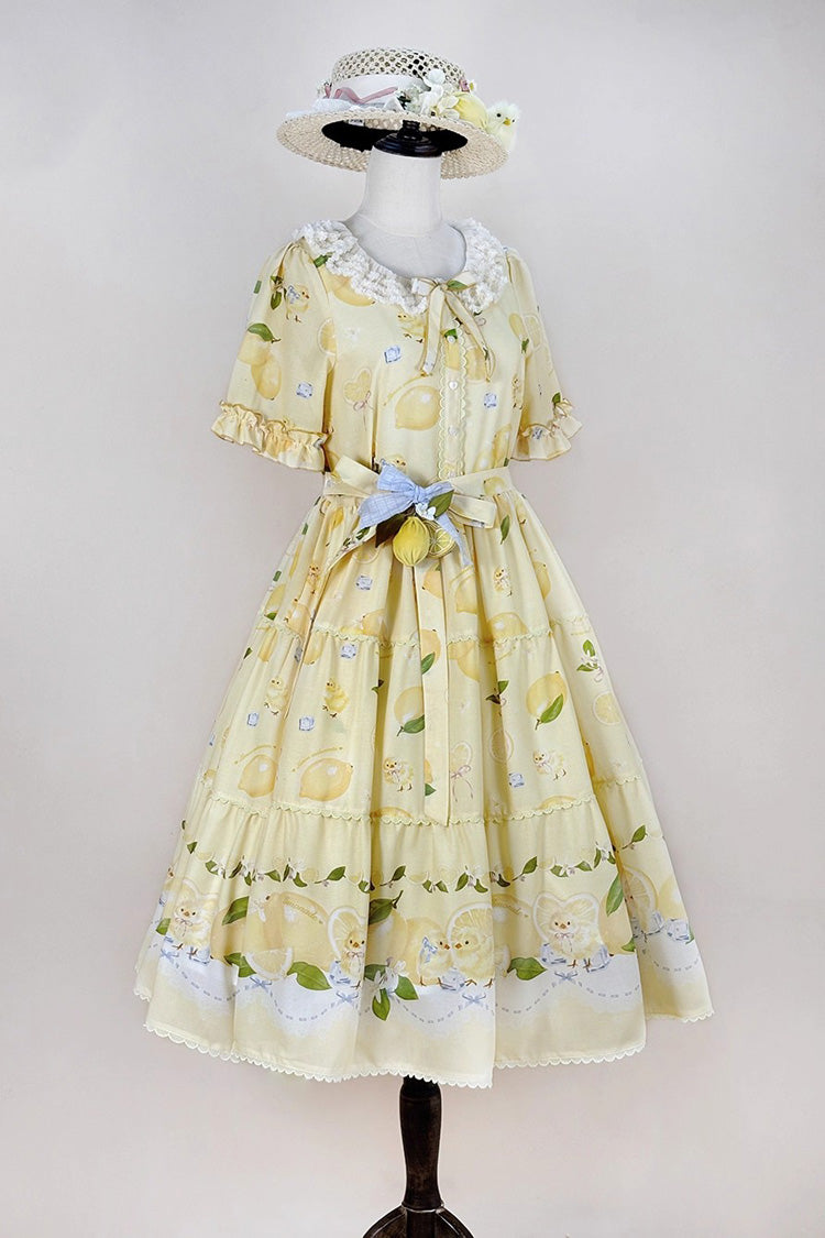 Yellow [Lemon Chicken] Short Sleeves Print Ruffle Bowknot Lace Daily Sweet Lolita Dress