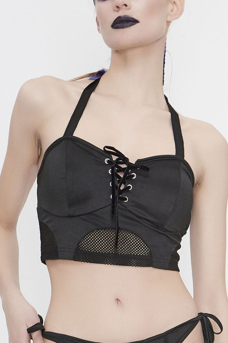 Black Lace-Up Waist Mesh Women's Punk Swimsuit Top