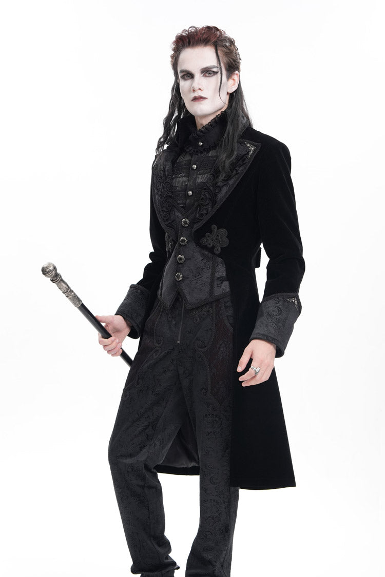 Black Long Sleeves Button Floral Embroidery Men's Gothic Jacket