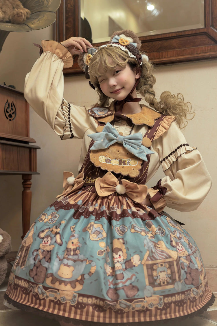 [Bear Cookies] Print Ruffle Bowknot Sweet Lolita Strap Dress 2 Colors