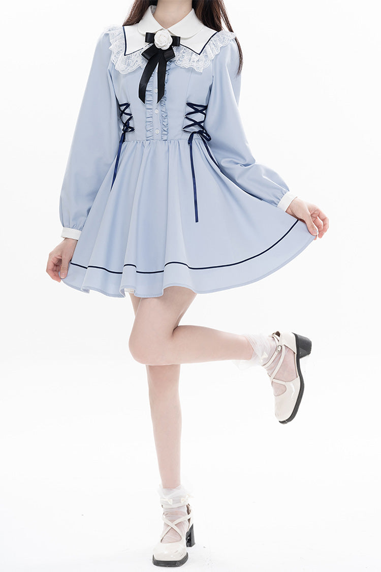 Blue Lapel Collar Long Sleeves Bowknot Lace-Up Jirai Kei Dress