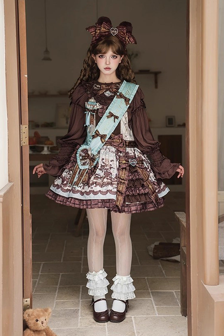 Brown [Teddy Bear Chocolate] Sleeveless Print Ruffle Side Cardigan Bowknot Asymmetric Sweet Lolita Strap Dress