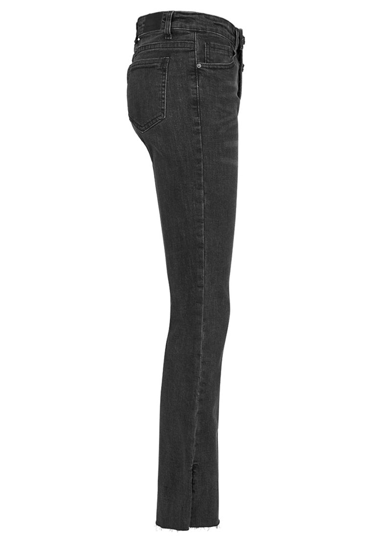 Schwarze, enge, elastische, zerrissene Jeanshose mit asymmetrischer Knopfleiste und mittlerer Taille für Damen im Punk-Stil