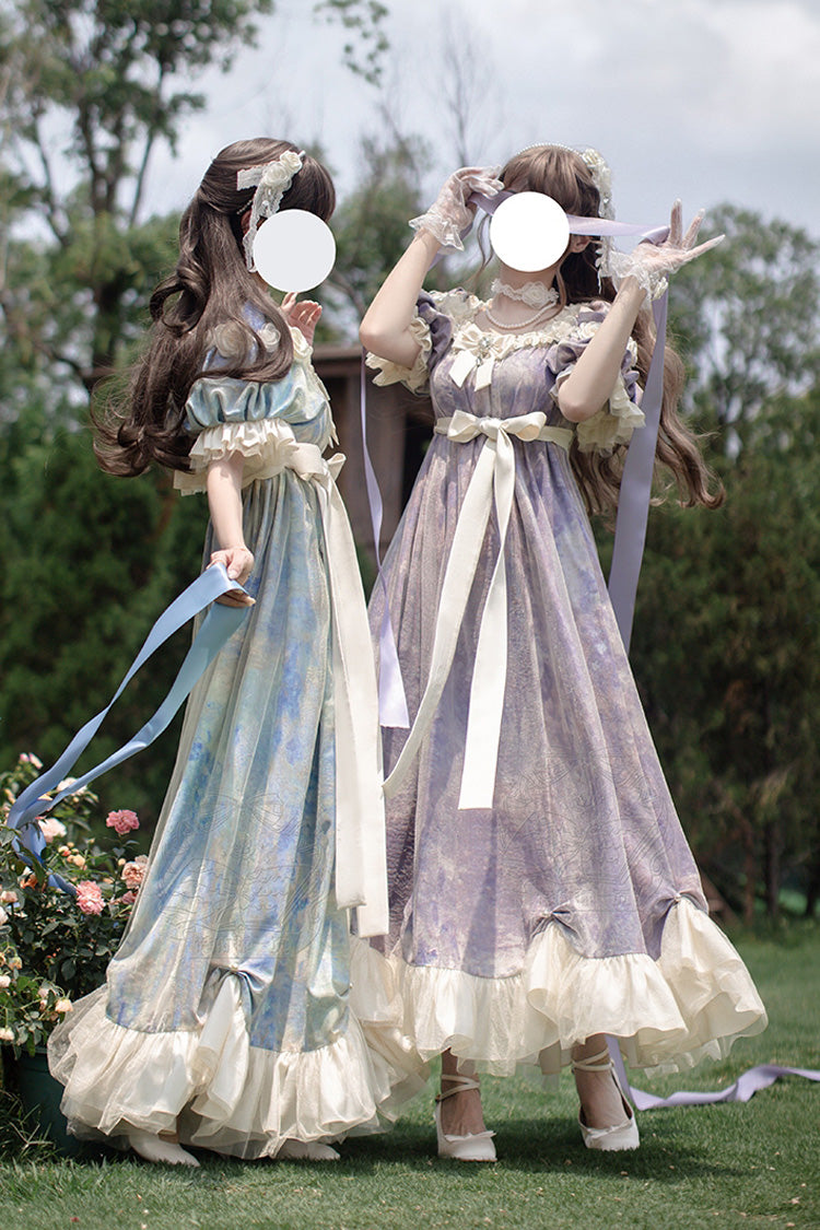 Robe Lolita Princesse Douce à Manches Courtes Imprimée avec Volants et Nœud Papillon [Poème de Peinture à l'Huile Soleil et Lune] Violette 