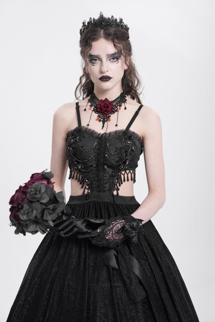 Black Jacquard Floral Embroidery Lace Ripped Women's Gothic Party Slip Dress