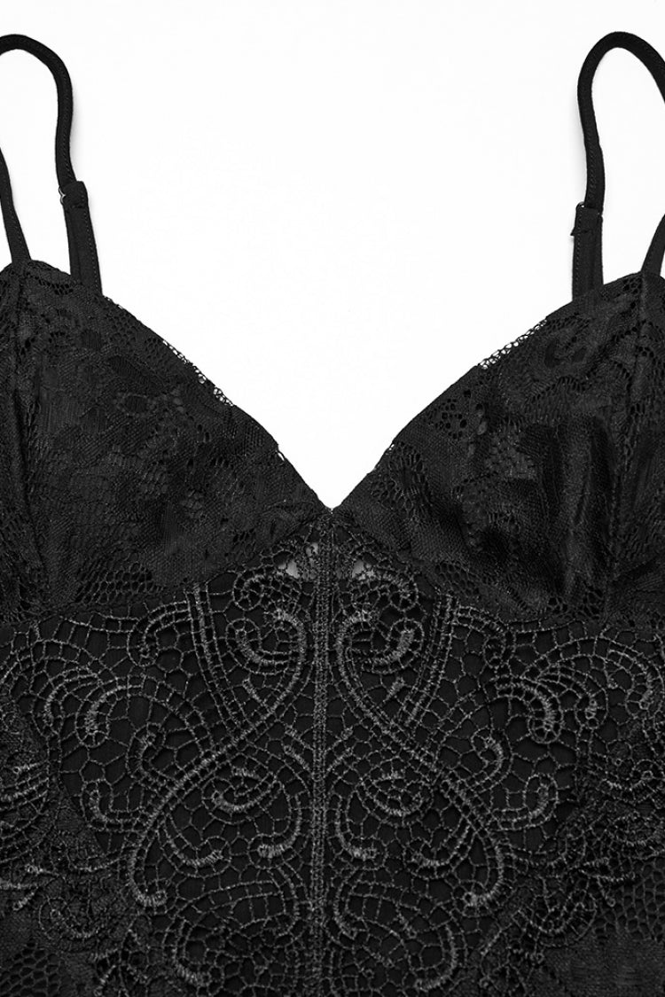 Black Sleeveless Plunging Split Hollow Embroidery Lace Women's Gothic Evening Slip Dress