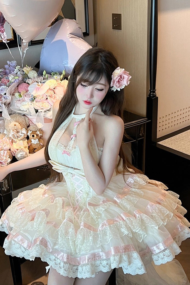 Robe Lolita Beige [Ballet Dream] à col licou avec volants à trois couches, nœud papillon et laçage, style princesse douce 