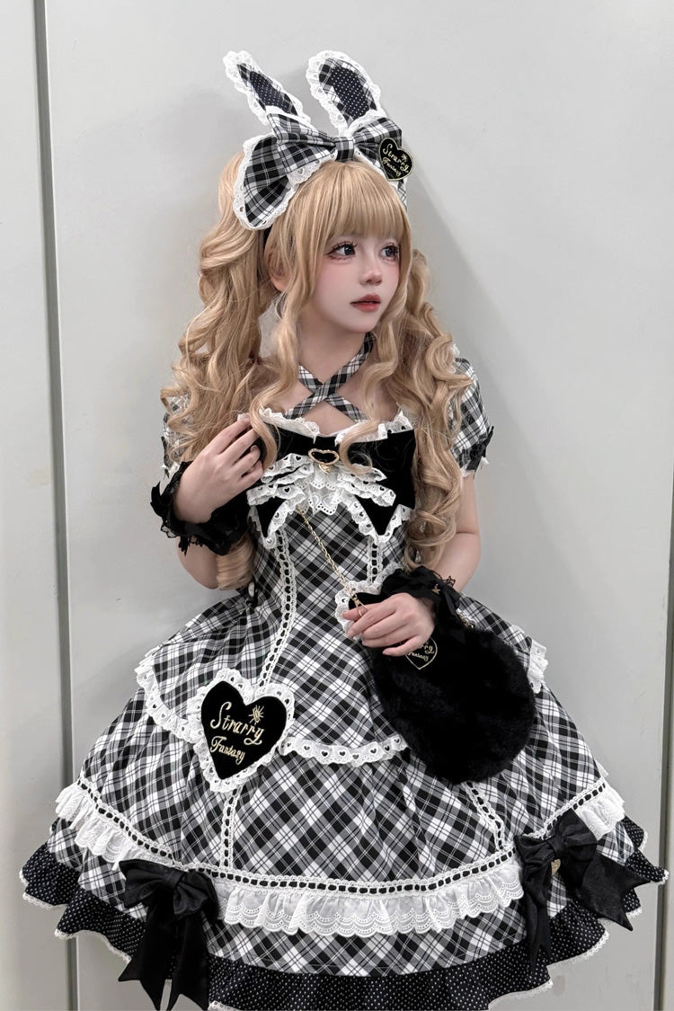 Black/White [Shibuya Sweetheart] Short Sleeves Plaid Print Ruffle Bowknot Sweet Lolita OP Dress (Plus Size Support)