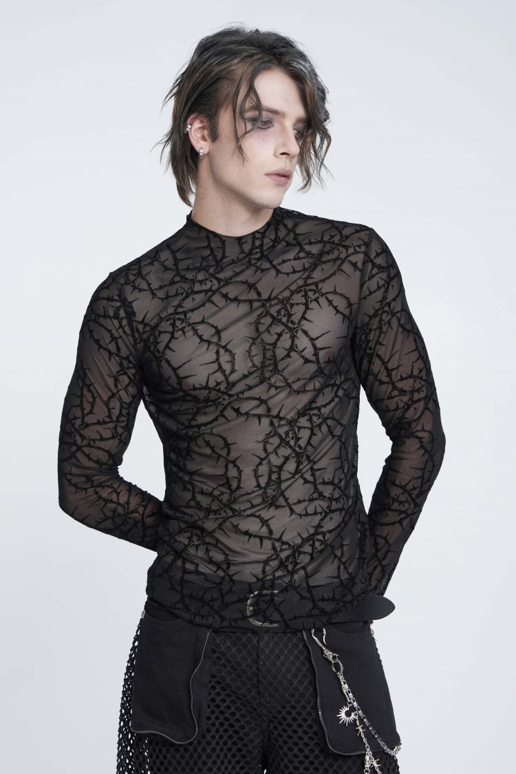 Schwarzes Thorny Vine Flocked Sheer Mesh Langarm-Slim-Fit-Gothic-Oberteil mit Stehkragen