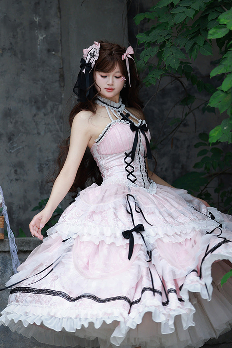 Pink Cross Halterneck Ruffle Bowknot Lace Lace-Up Princess Sweet Lolita Dress