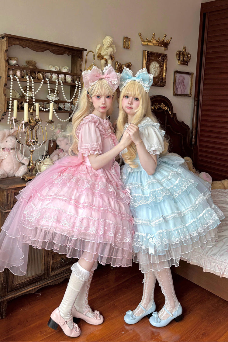 Pink [Lotus Butterfly Heart] Multi-Layered Ruffle Hanayome Bowknot Lace Sweet Lolita Jsk Dress