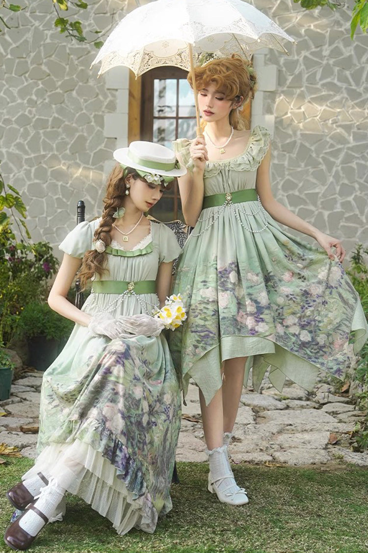 Green [Blooming Roses] Print Oil Painting Chiffon Ruffle Bowknot Irregular Sweet Lolita Jsk Dress