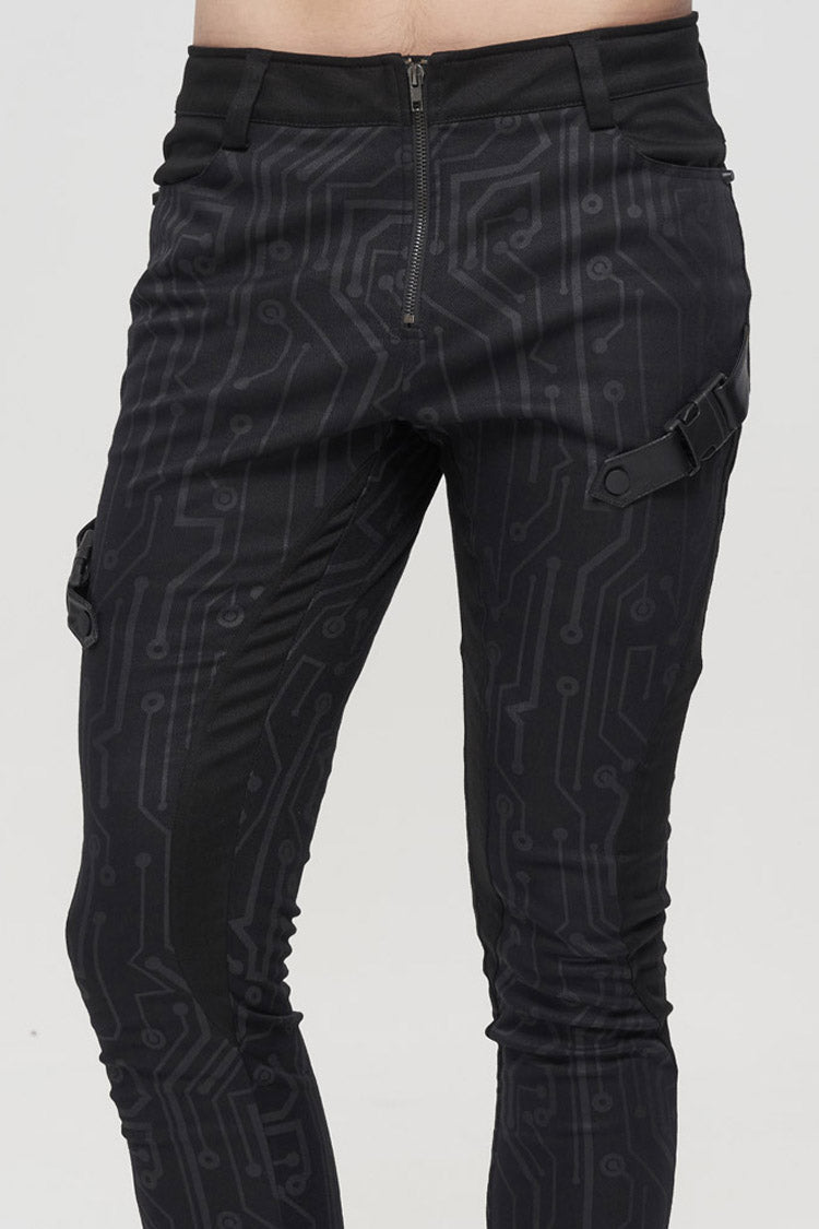 Black Punk Casual Circuit Diagram Print Asymmetric Decoration Men's Long Pants