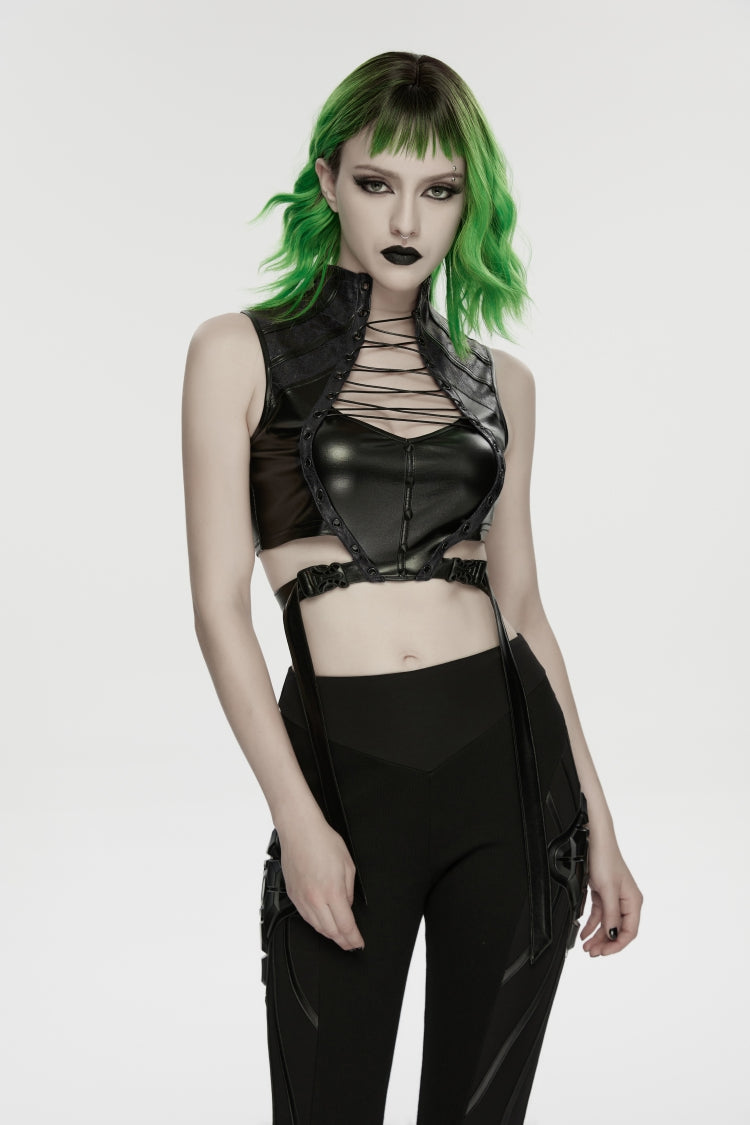 Black Stand Collar Sleeveless Slim Fit Studded Women's Punk Cool Strappy Crop Vest