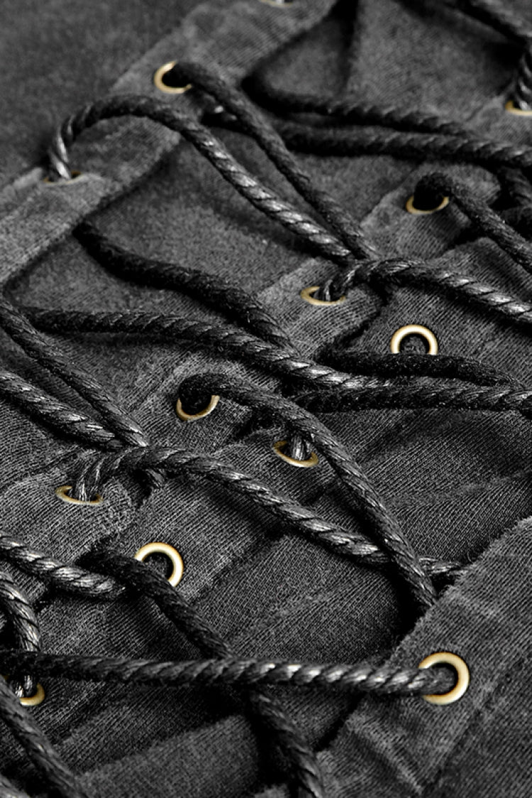 Black V Collar Sleeveless Metal Rings Cross Lace-Up Men's Steampunk Vest