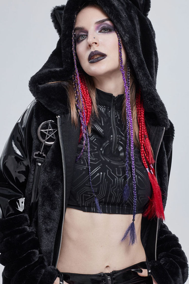 Black Punk Cuff Pleated Design Metal Five-Pointed Star Shape Belt Decoration Cat Ear Women's Coat