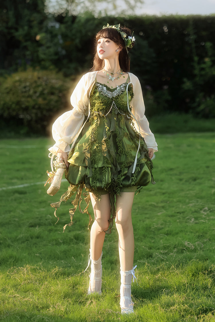 Green [Children of the Forest] Leaf Decoration Ruffle Irregular Sweet Lolita Jsk Dress Set
