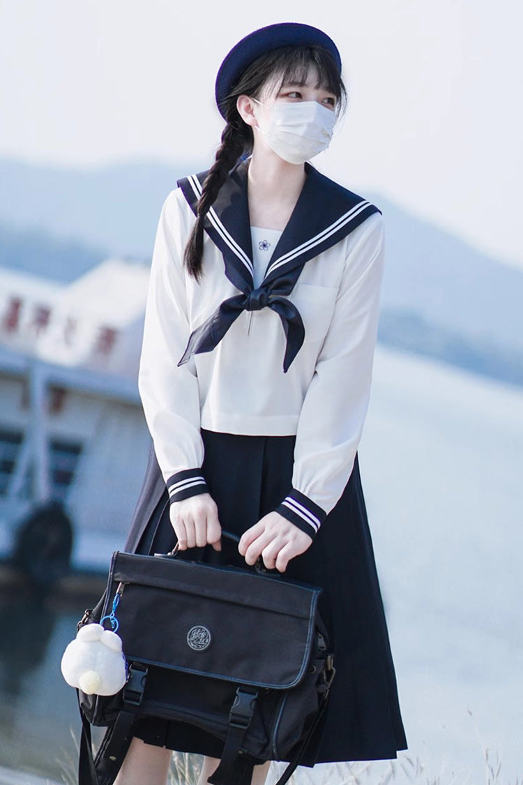 White/Dark Blue Long Sleeves Sweet Japanese School Skirt Set