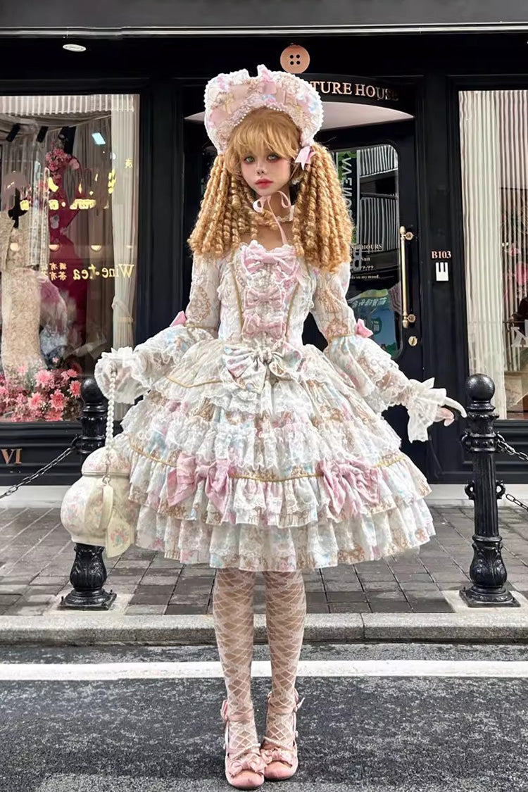 Apricot [Candlelight Elegance] Long Trumpet Sleeves Multi-Layered Ruffle Bowknot Lace Sweet Elegant Lolita Dress