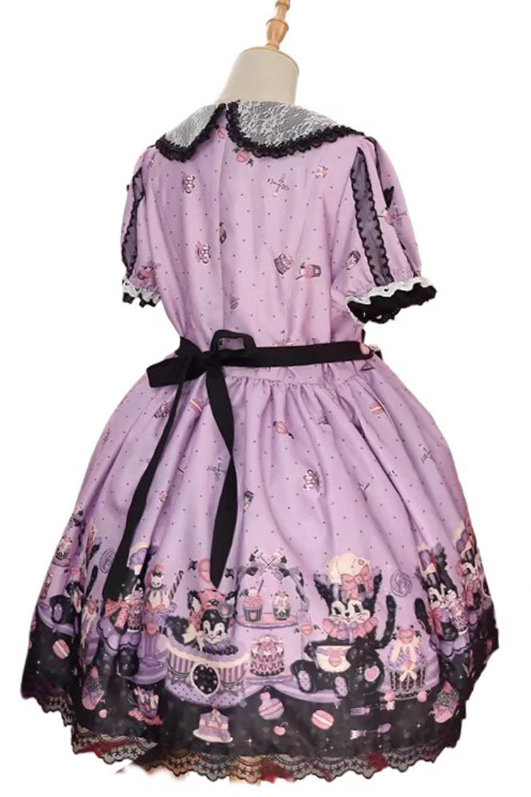 Purple [Devil Cat] Print Short Sleeves Ruffle Bowknot Lace Gothic Lolita OP Dress (Plus Size Support)