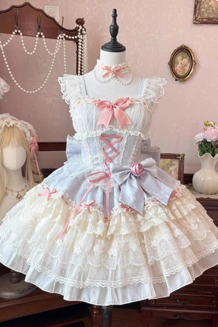 ブルー [ローズキャティクル] ノースリーブ マルチレイヤー ボウノット レース レースアップ パール バレエ スウィート ロリータ Jsk ドレス 