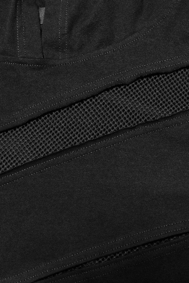 ブラック半袖ステッチフード付きメッシュリッピングメンズスチームパンクTシャツ