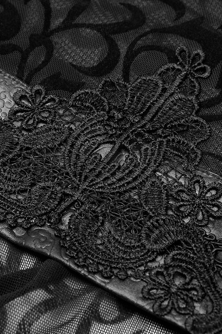 ブラック V 襟ロングトランペット袖刺繍レースガードル不規則なレディースゴシックドレス