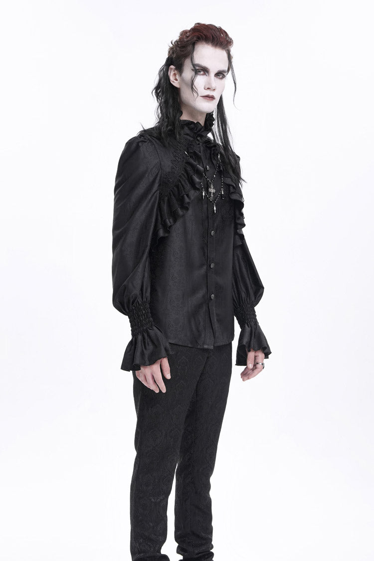 Black Stand Collar Long Sleeves Ruffle Lace Cross Men's Gothic Blouse
