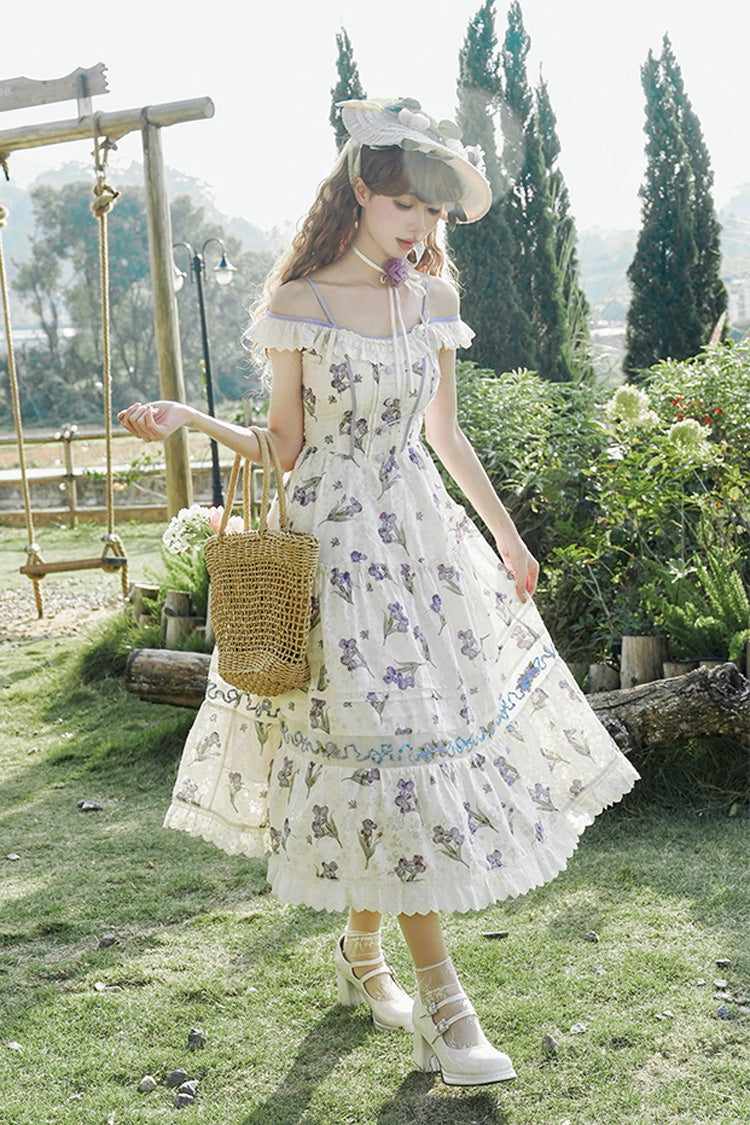 Robe Jsk Lolita douce en dentelle brodée à volants imprimée à épaules dénudées [Moonlight Iris] ivoire 